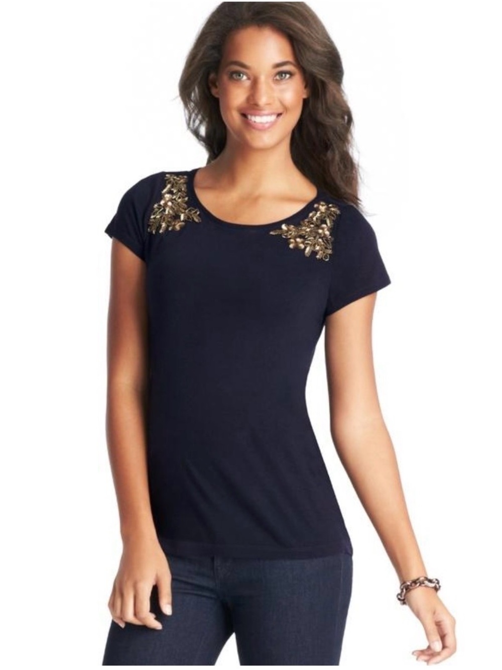 LOFT Black Short-Sleeve Tee with Gold Beadwork Embellishment, Deep Navy, Size S